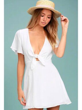 LULUS Solid White Sea Day Tie Front Cutout Women's Skater Mini Dress Size Medium